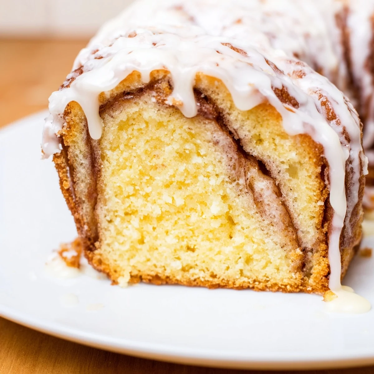 Soft baked swirled cinnamon roll cake with melt-in-your-mouth cinnamon layers and silky glaze