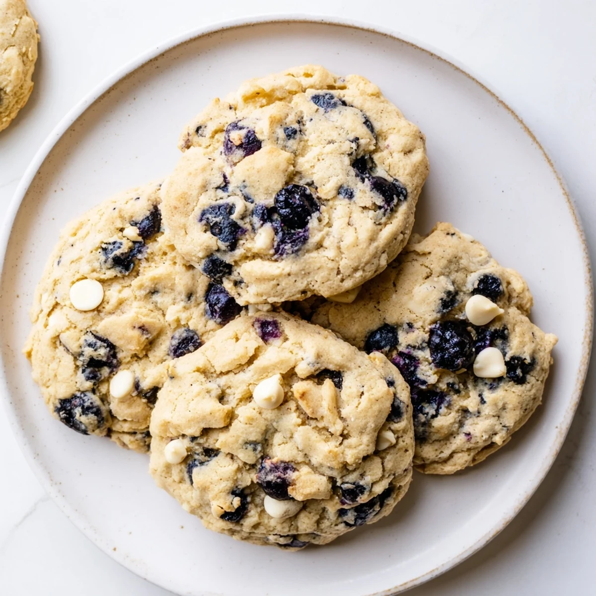 Golden chewy lemon blueberry cookies with plump purple berries baked to soft perfection
