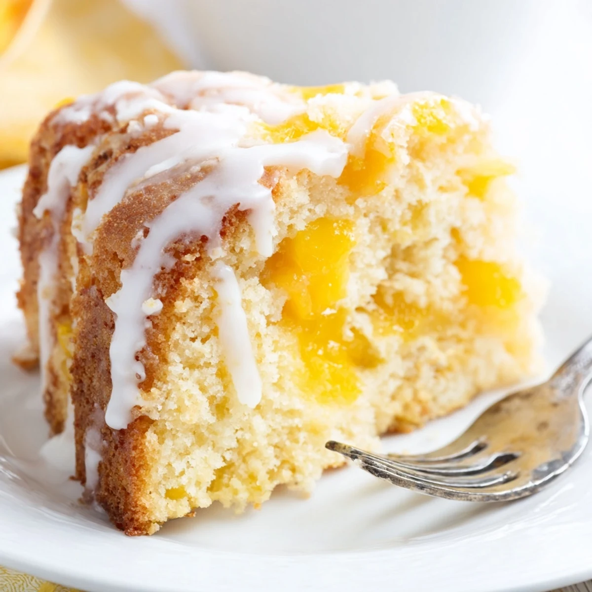 Golden peach cobbler pound cake drizzled with vanilla glaze on a white serving plate