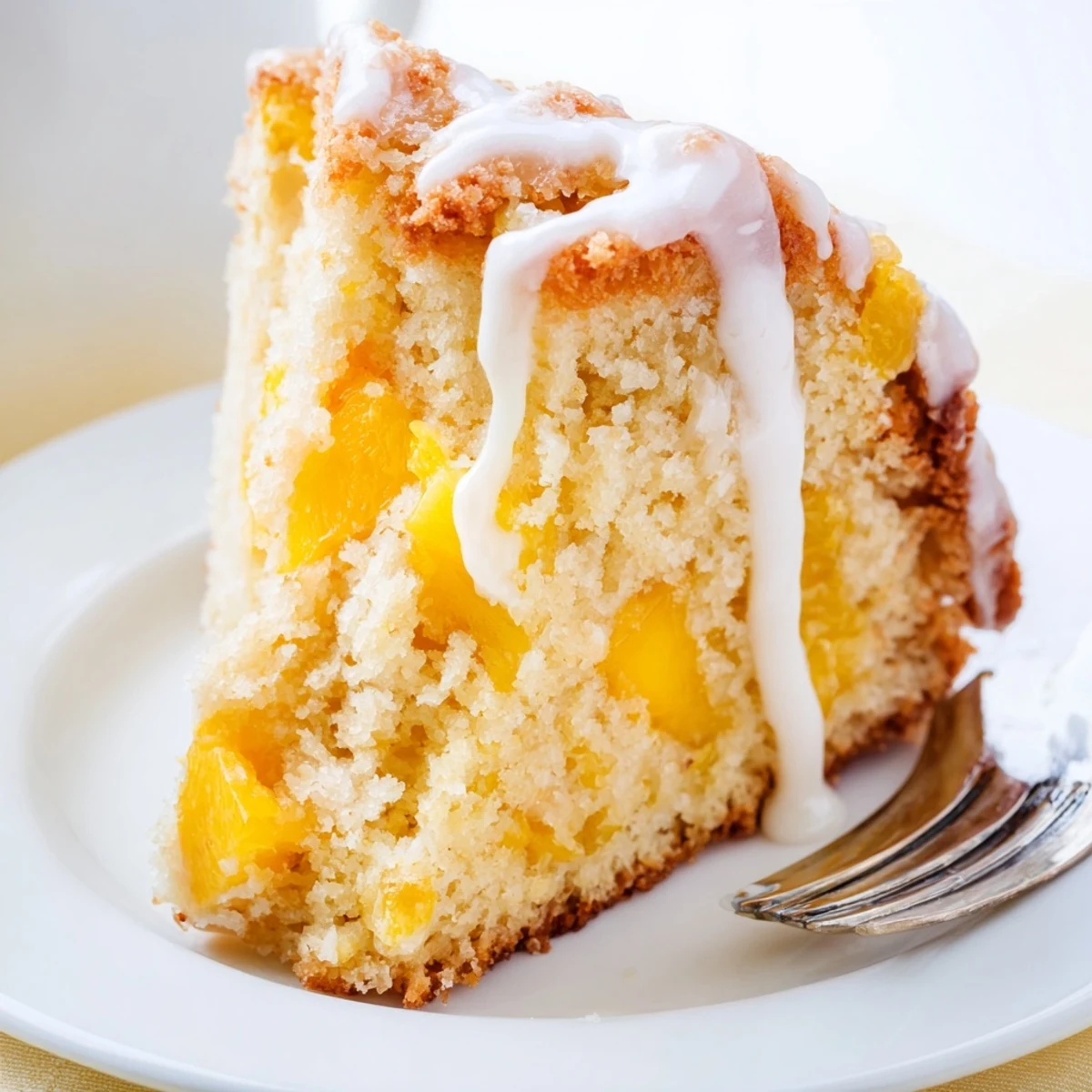 Butter pound cake studded with juicy spiced peaches and topped with sweet vanilla icing