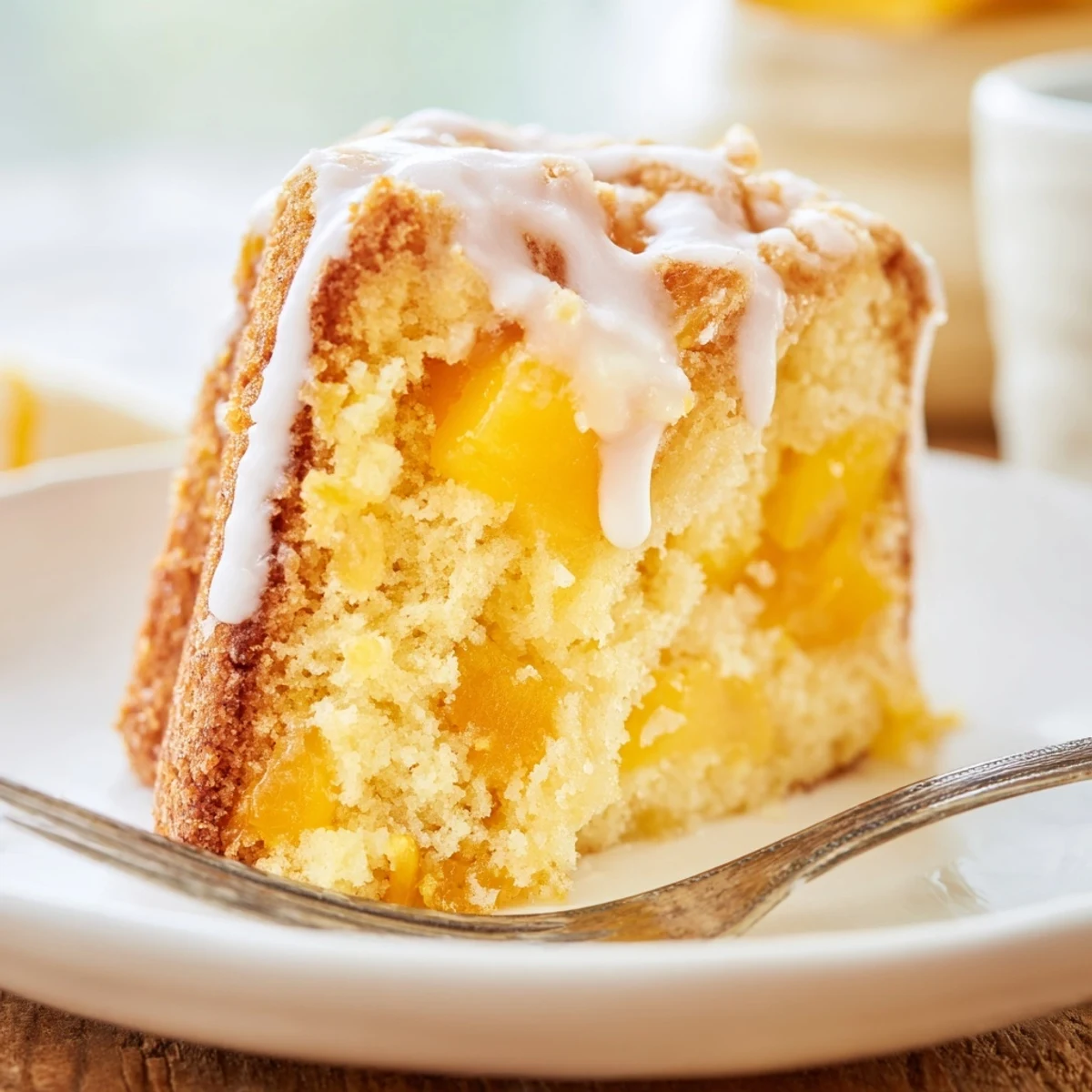 Slice of peach cobbler pound cake showing tender crumb and fresh peach pieces throughout