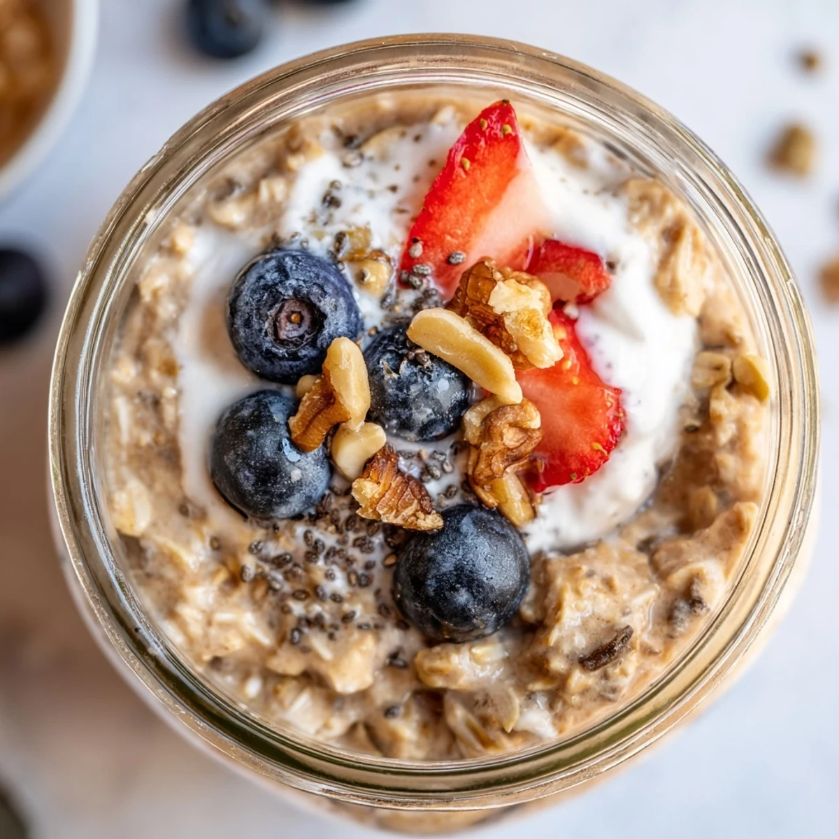 Glass jar filled with creamy brown sugar overnight oats topped with fresh berries