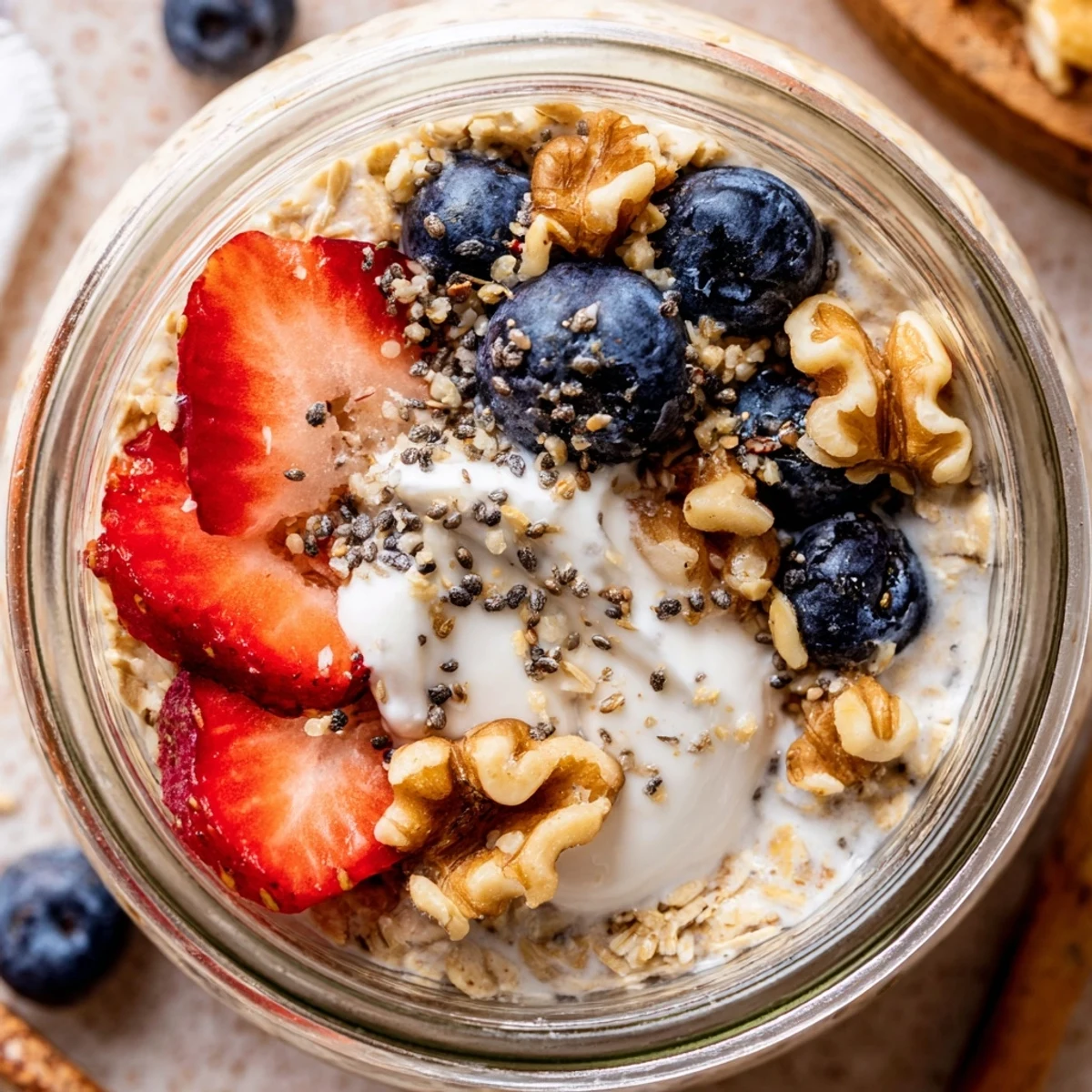 Chilled overnight oats with brown sugar swirled through and crunchy nut toppings