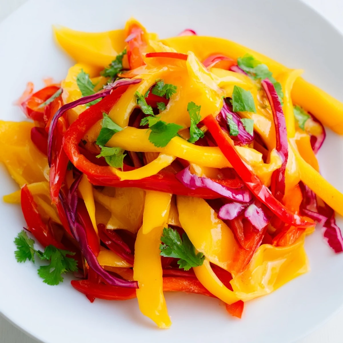 Colorful mango slaw bowl topped with fresh cilantro and crunchy toasted cashews