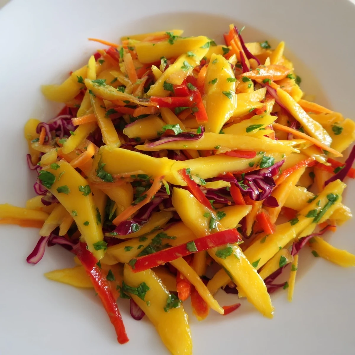 Refreshing mango slaw featuring julienned vegetables drizzled with zesty lime honey dressing
