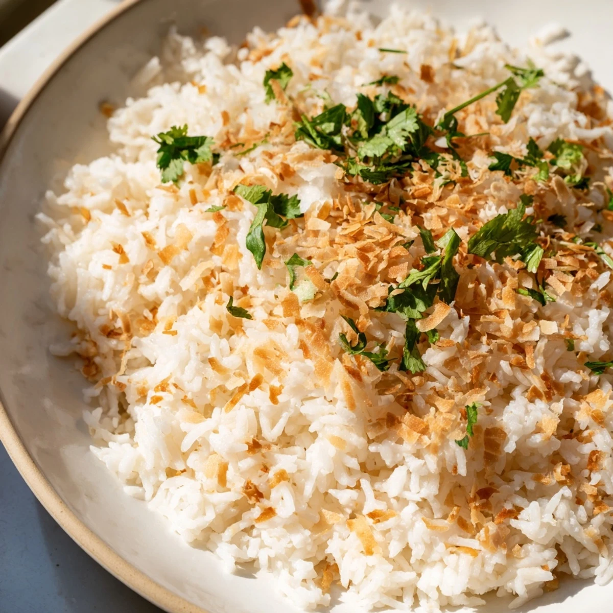 Fluffy coconut rice garnished with toasted coconut flakes and fresh cilantro in a serving bowl