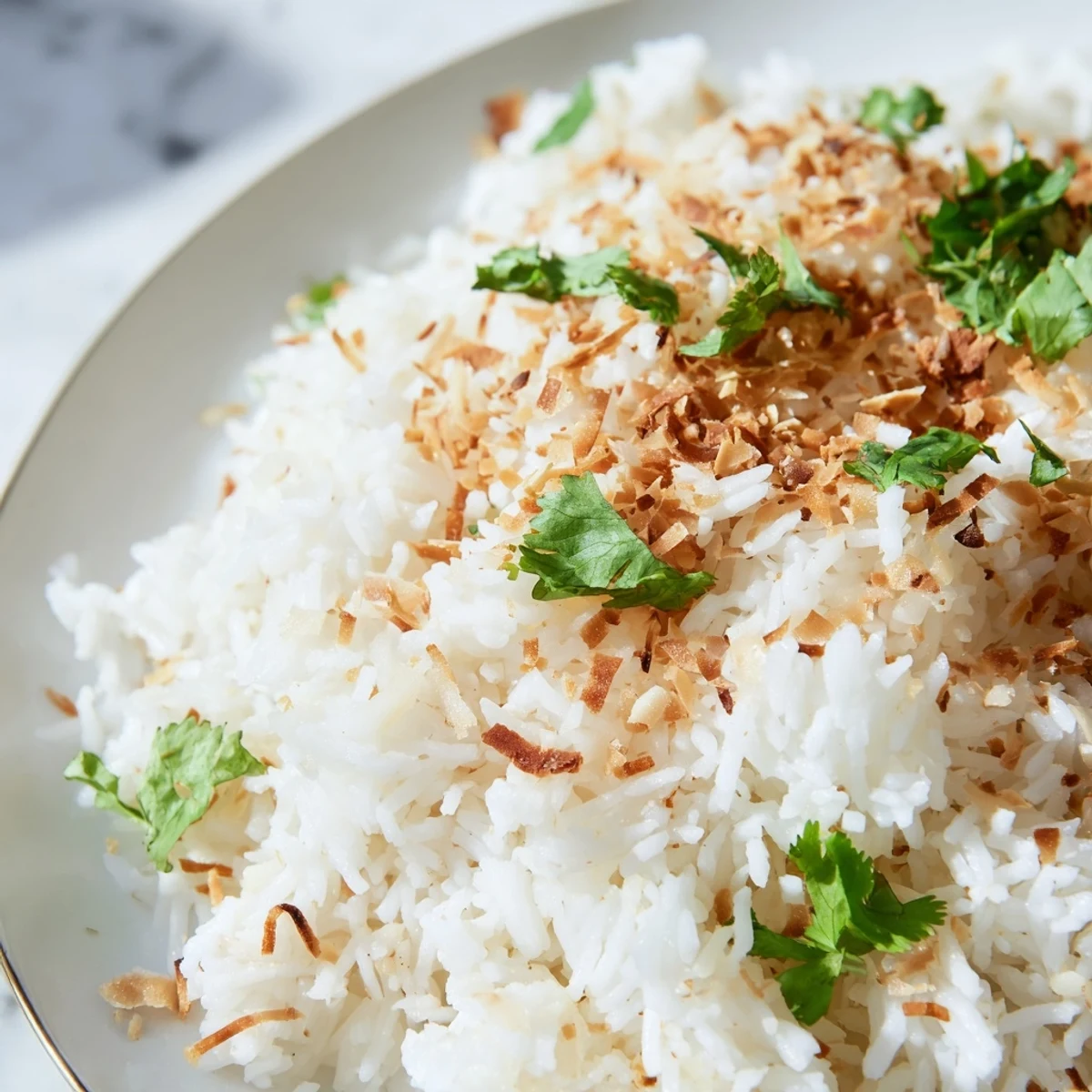 Steaming jasmine coconut rice fluffed with a fork alongside Thai curry and grilled meats