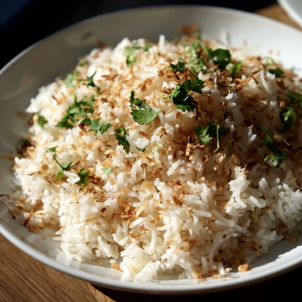 Creamy white coconut rice topped with green scallions and crispy toasted coconut shavings