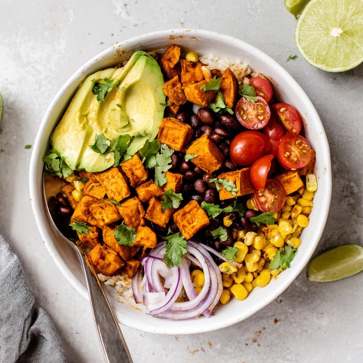 Colorful vegan sweet potato burrito bowl featuring lime rice, corn, and creamy sliced avocado garnish