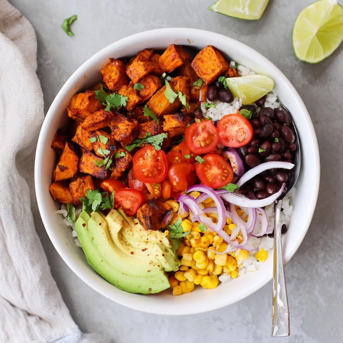 Vegan sweet potato burrito bowl with roasted spiced potatoes, black beans, and fresh avocado toppings