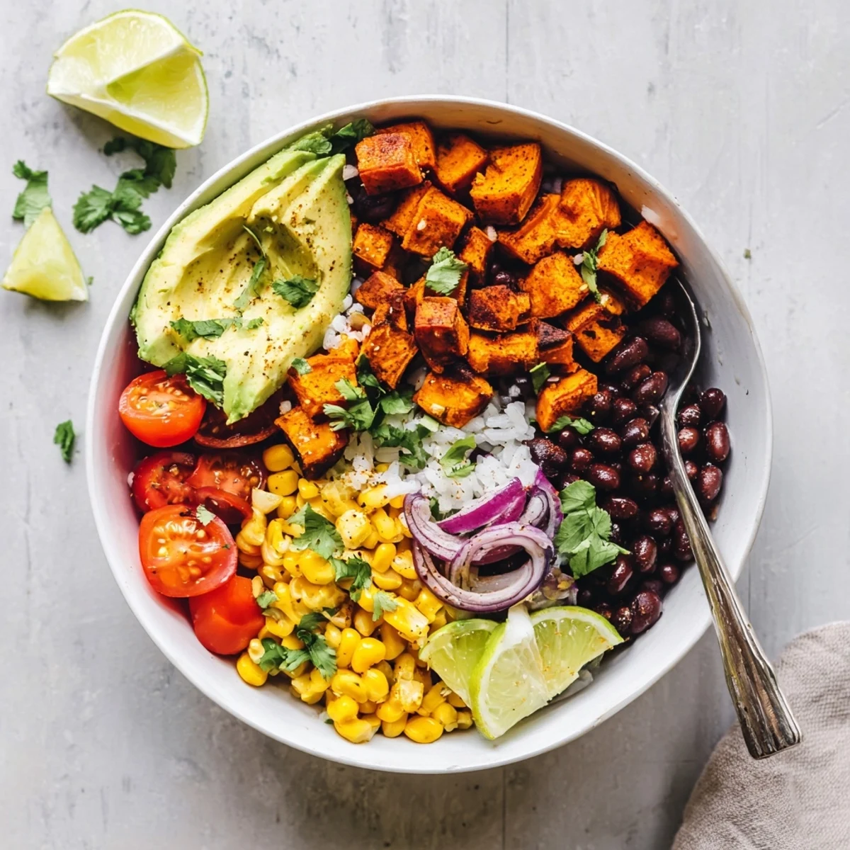 Hearty vegan sweet potato burrito bowl layered with zesty cilantro rice and roasted seasoned vegetables