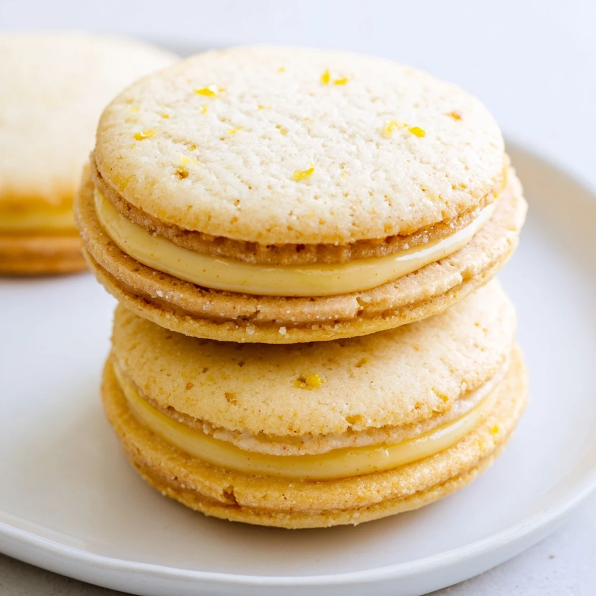 Two golden lemon sandwich cookies filled with vibrant yellow lemon curd on a white plate