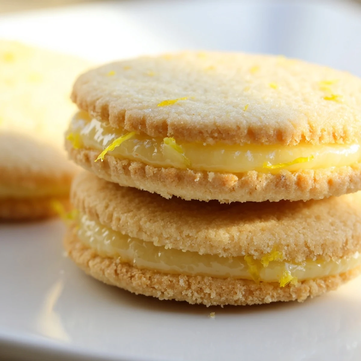 Close-up of vegan lemon sandwich cookies with tangy curd filling oozing between crisp cookies