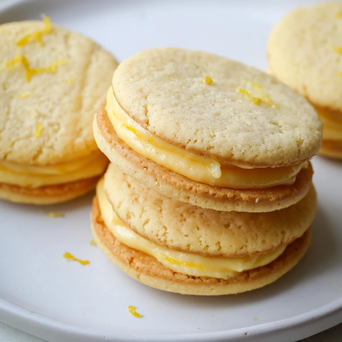 Stack of gluten-free lemon sandwich cookies topped with lemon zest on a wooden cutting board