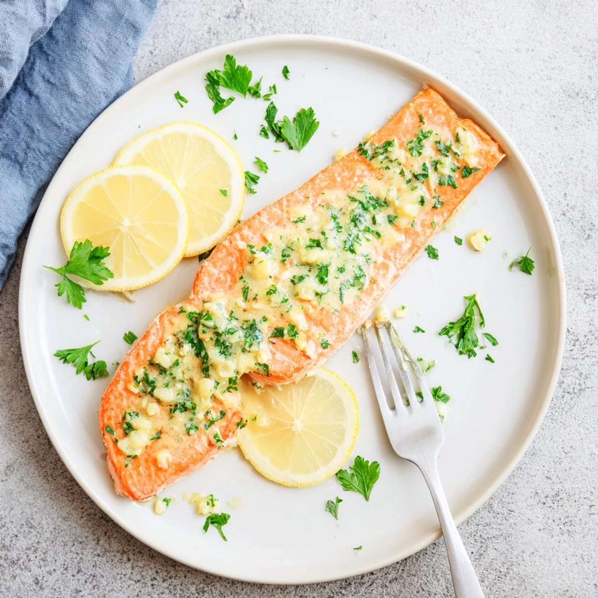 Golden baked garlic butter salmon fillet glistening with melted herb butter and fresh parsley
