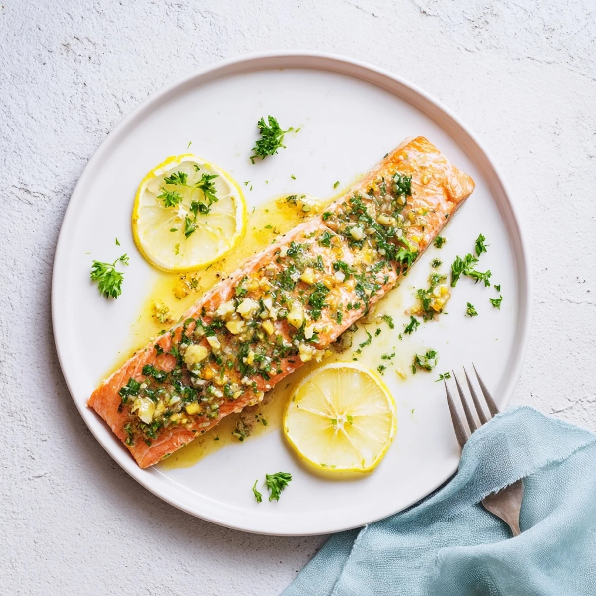 Tender salmon brushed with rich garlic butter and topped with lemon slices and parsley
