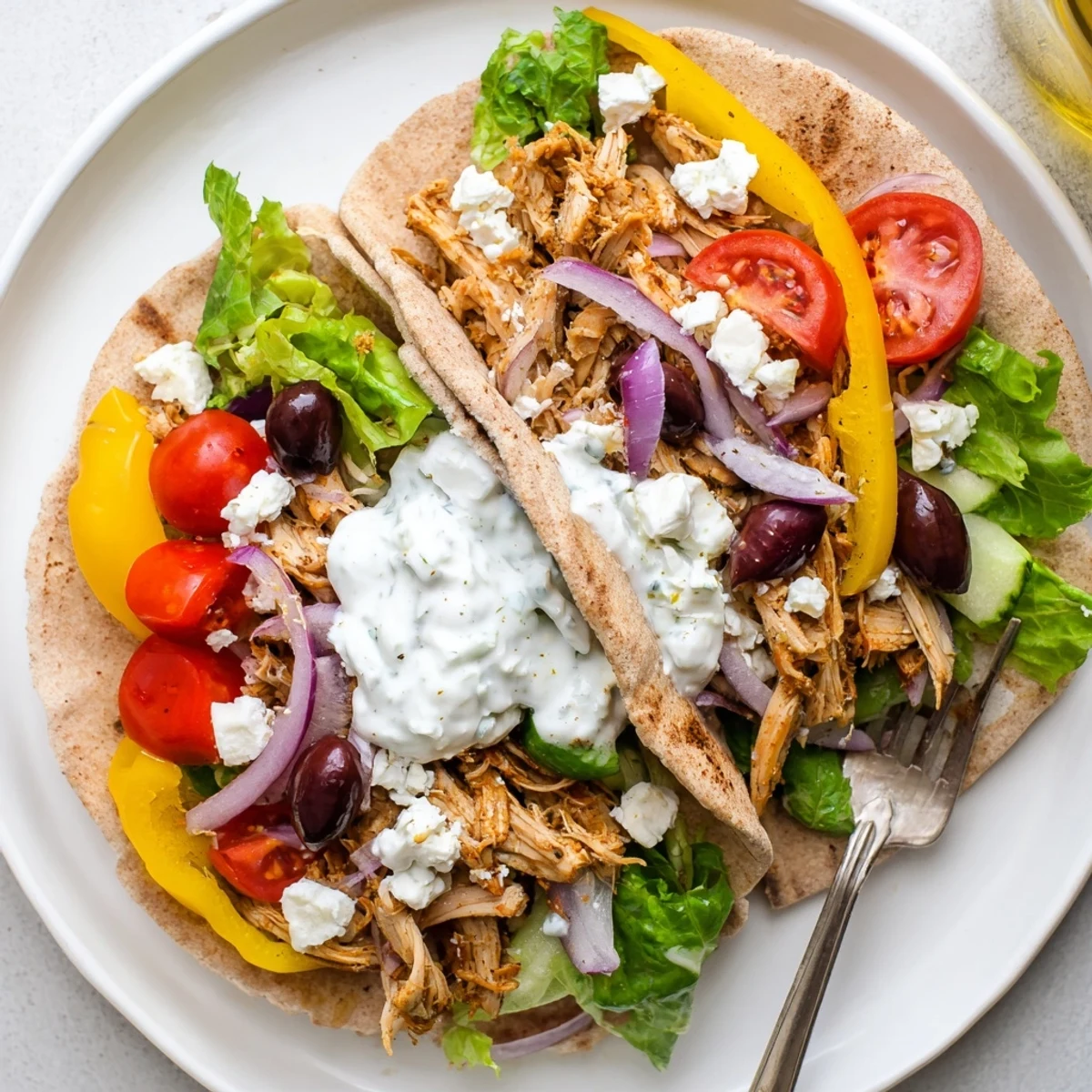 Tender shredded Greek chicken stuffed in pita pockets topped with crisp tomatoes and creamy yogurt sauce