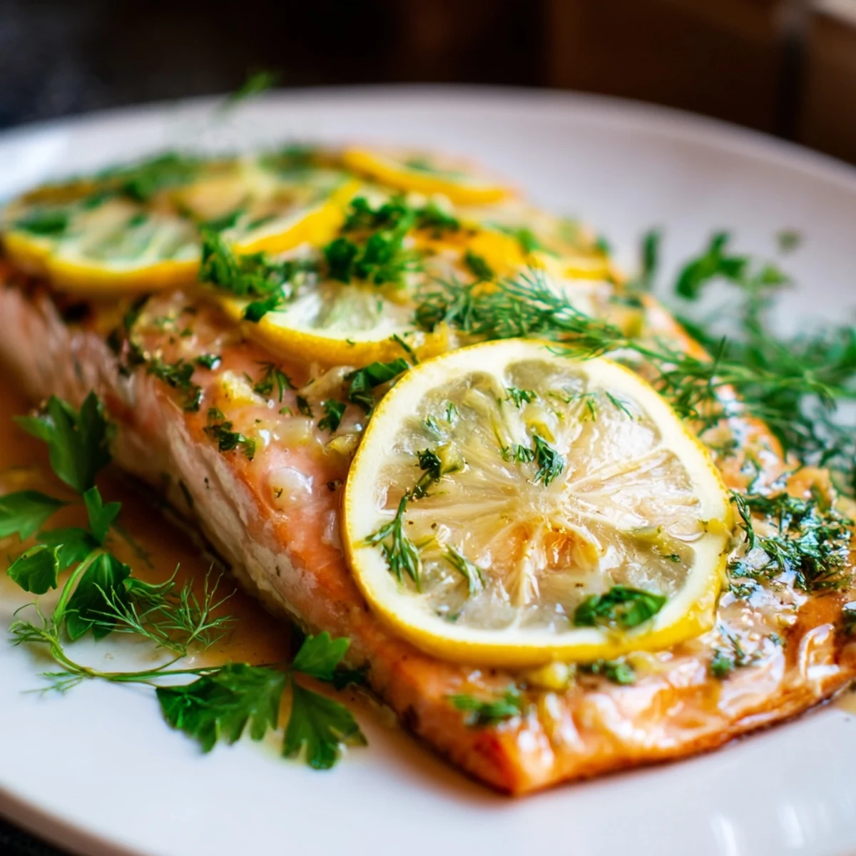 Golden baked salmon fillet with fresh herb topping and lemon slices on a white baking sheet