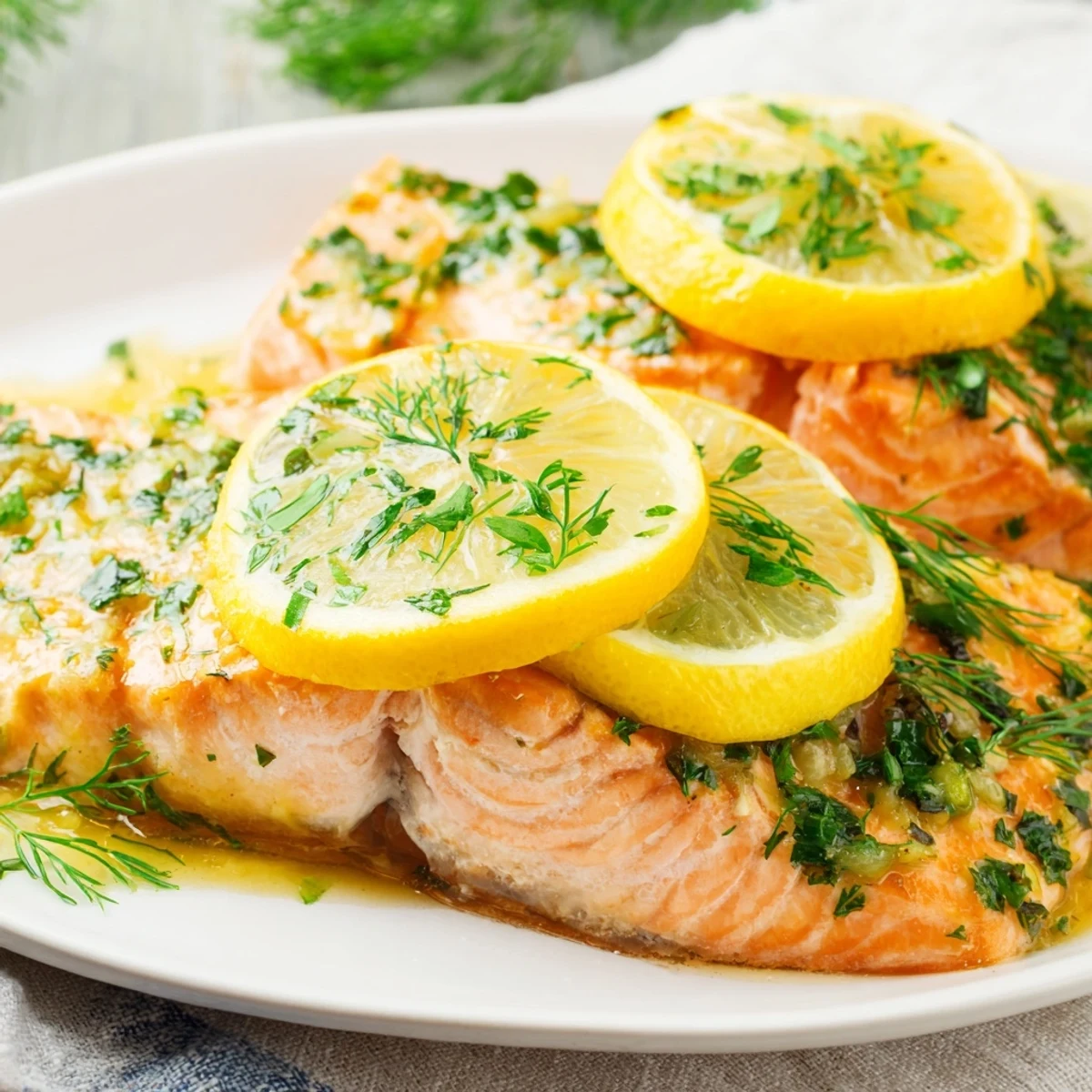 Flaky baked salmon fillets featuring parsley, dill, and fresh lemon rounds on parchment paper