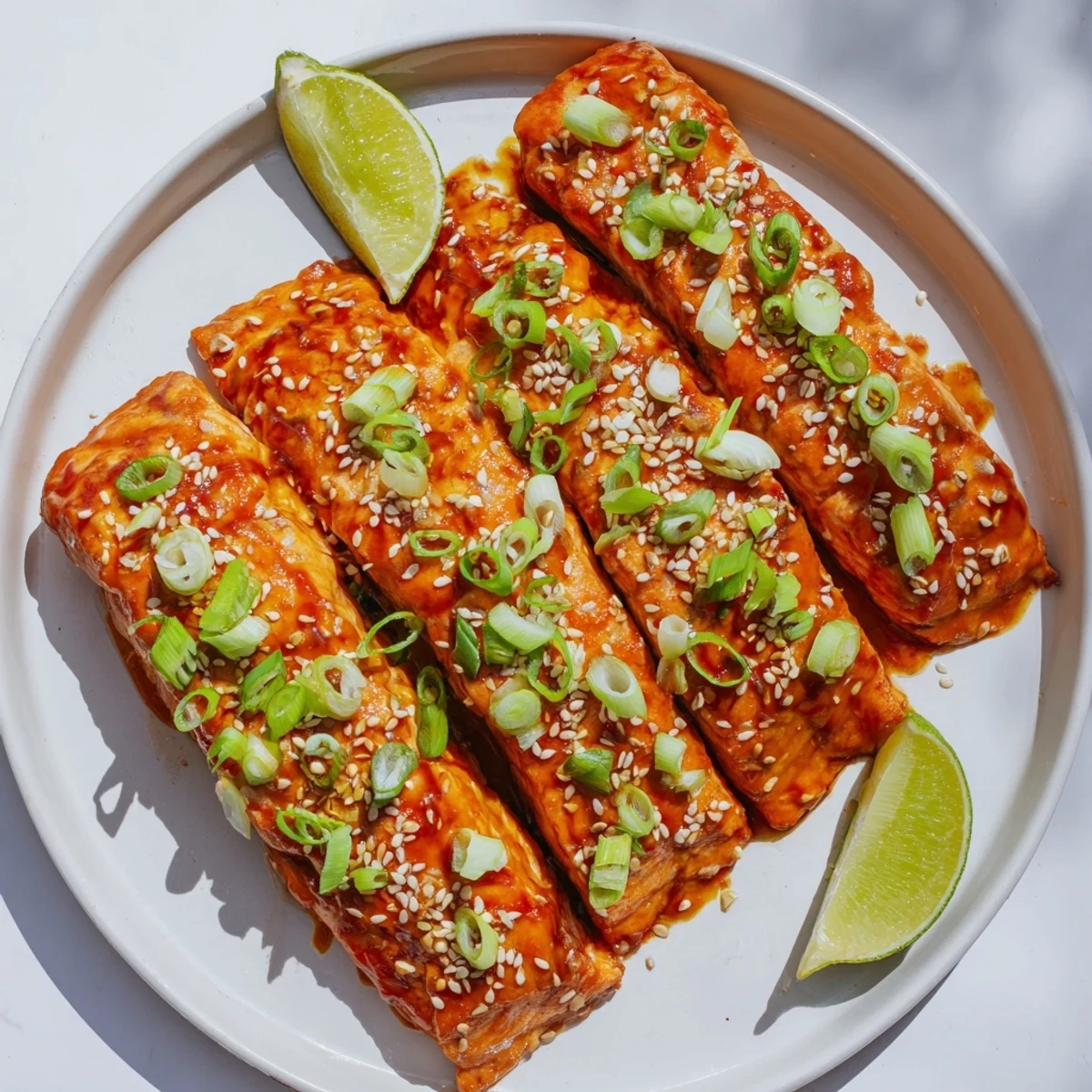 Flaky pink Bang Bang salmon topped with sweet chili sriracha sauce and toasted sesame seeds on a white plate