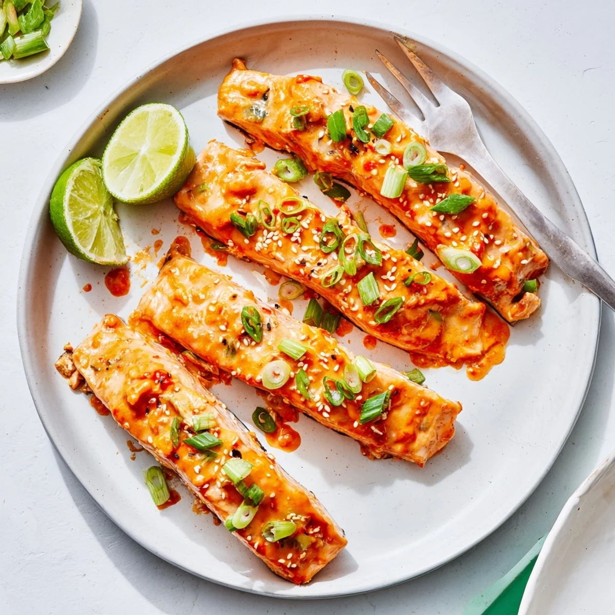 Tender oven-roasted Bang Bang salmon brushed with tangy mayonnaise based sauce served with lime wedges for dinner