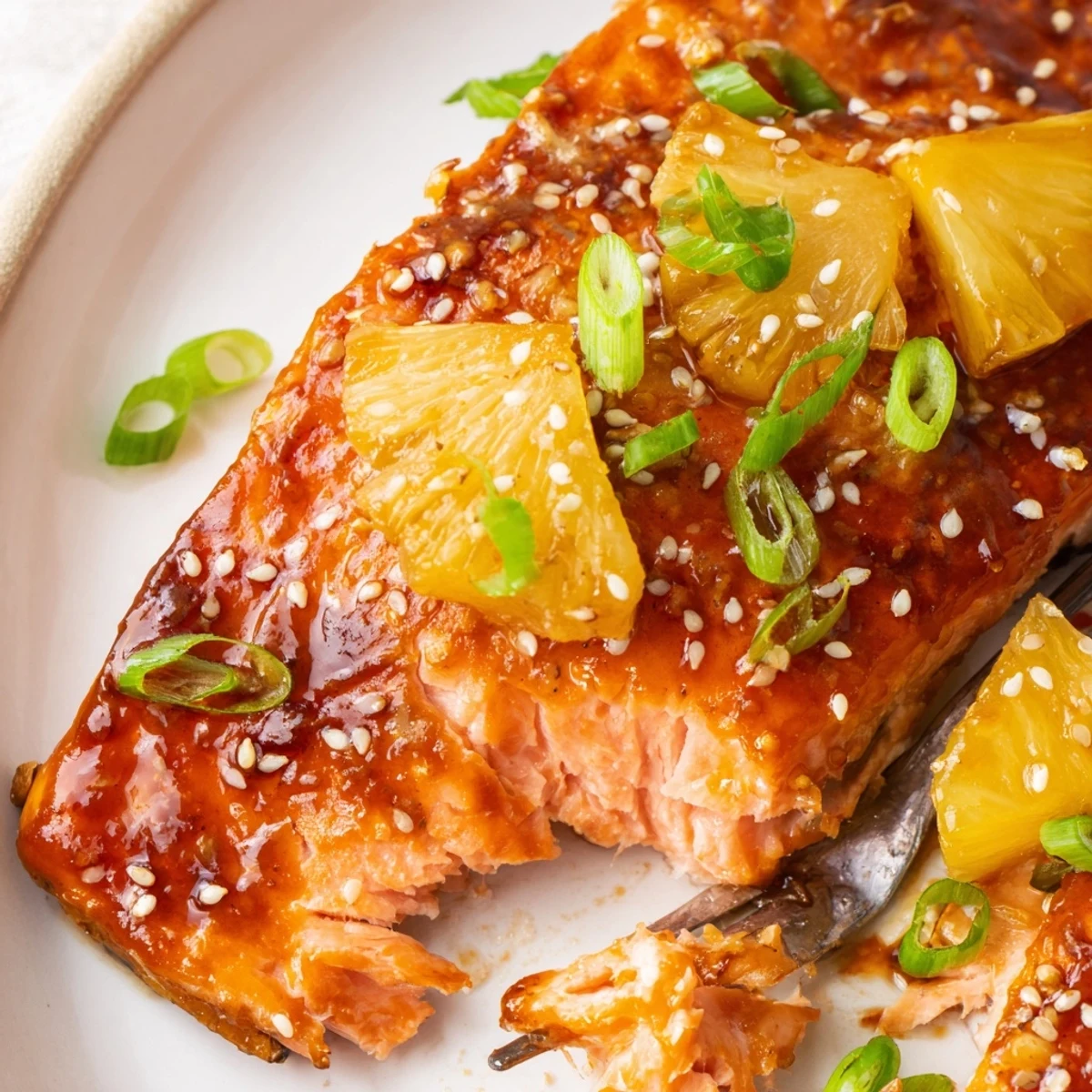 Golden pineapple glazed salmon fillets with glossy sweet tangy coating and sesame seeds