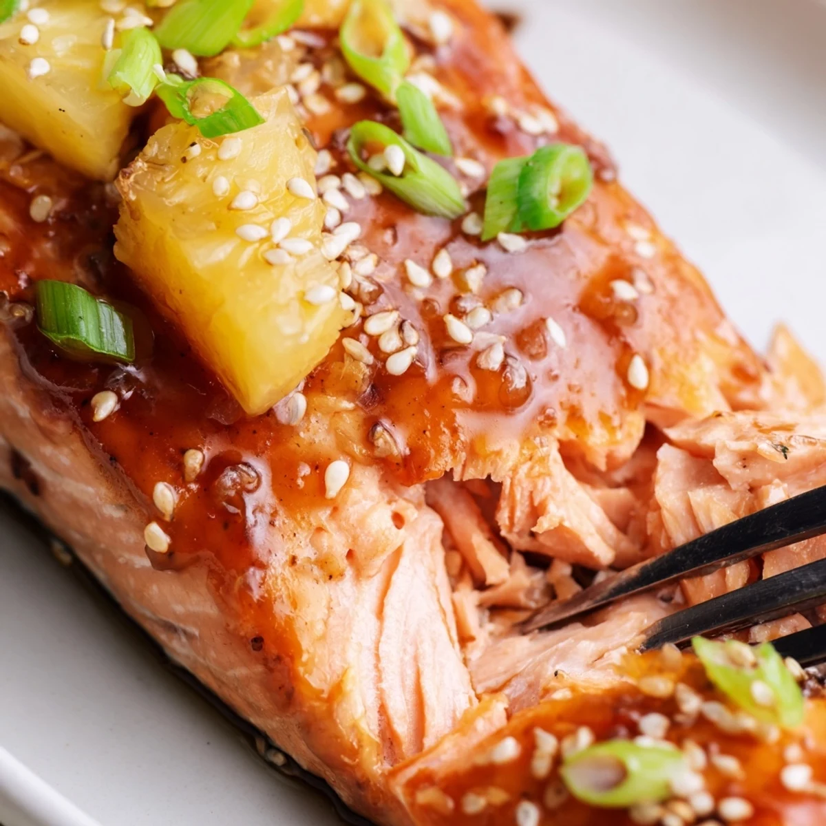 Baked salmon with sticky pineapple glaze served over white rice with fresh green onions