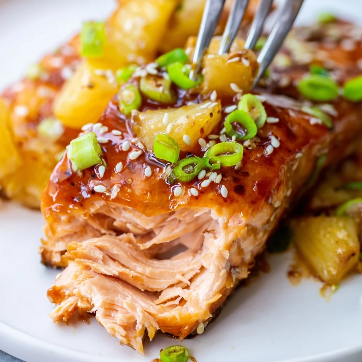 Pan-seared pineapple glazed salmon topped with tropical pineapple chunks and lime wedges