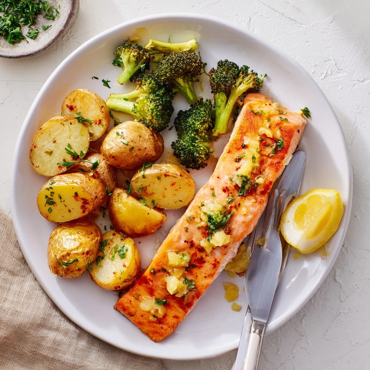 Golden pan-seared salmon fillets glazed with lemon butter sauce alongside roasted baby potatoes and broccoli florets