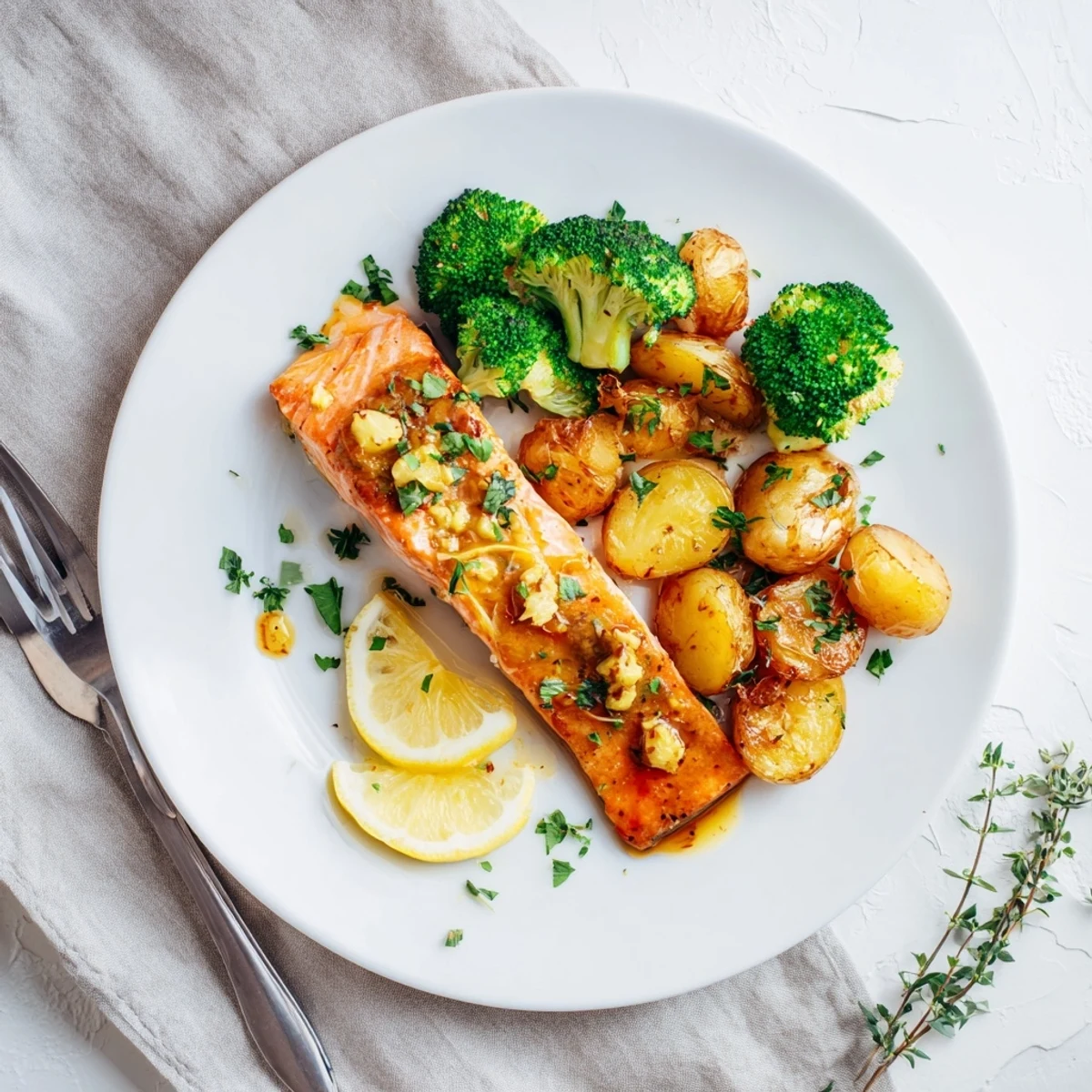 Complete lemon butter salmon dinner featuring crispy seasoned potatoes and tender roasted broccoli on a white platter