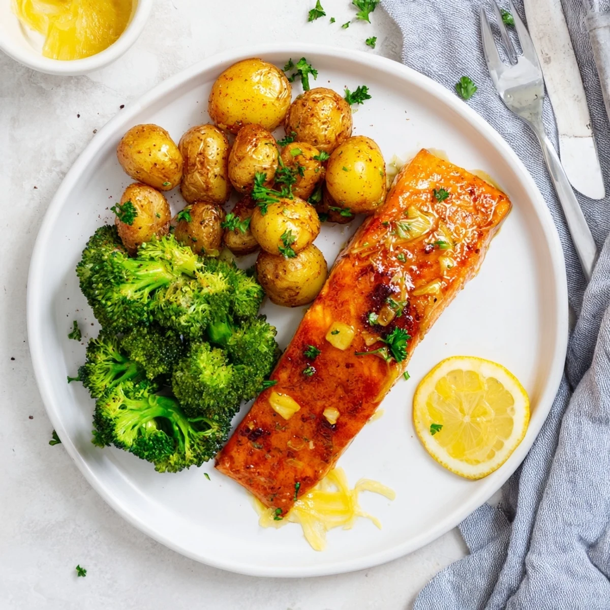 Flaky salmon fillets in zesty butter sauce served with golden brown potatoes and fresh green broccoli