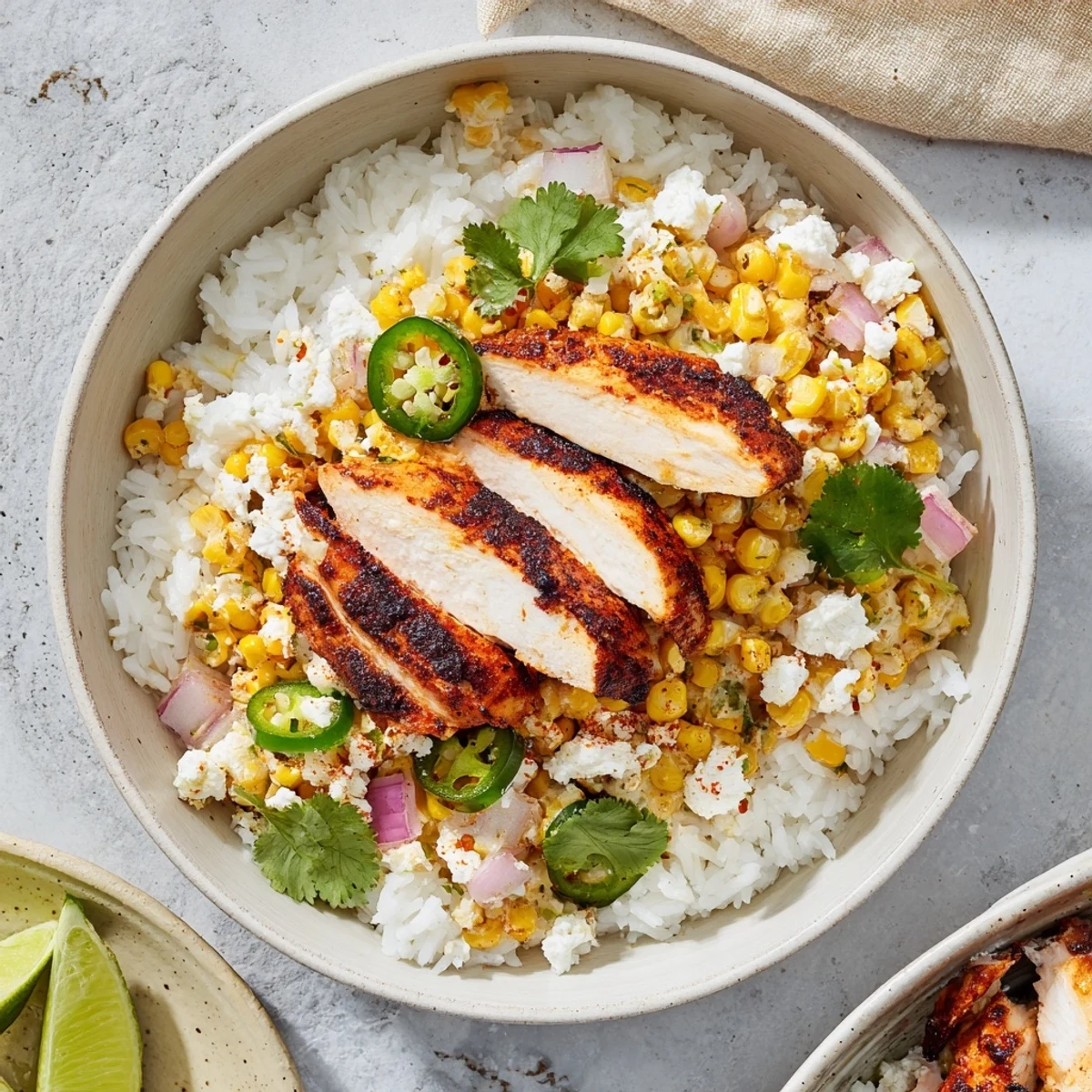 Vibrant Easy Street Corn Chicken Bowl featuring juicy grilled chicken atop fluffy rice