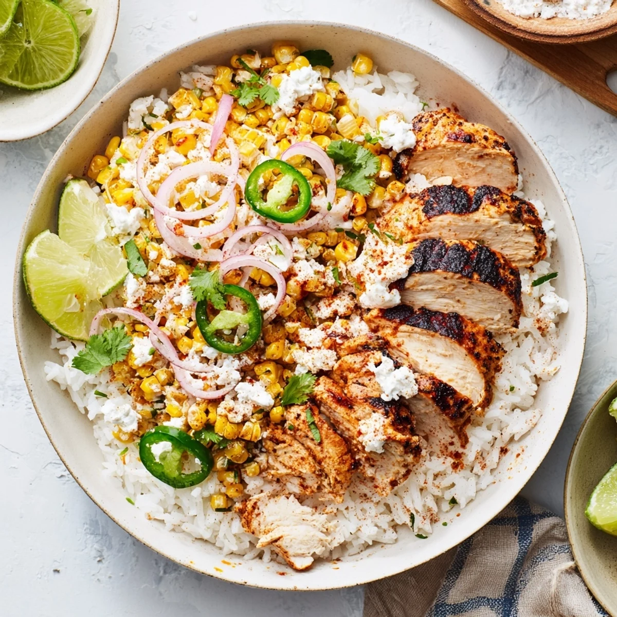 Sliced spiced chicken and charred corn in this Easy Street Corn Chicken Bowl