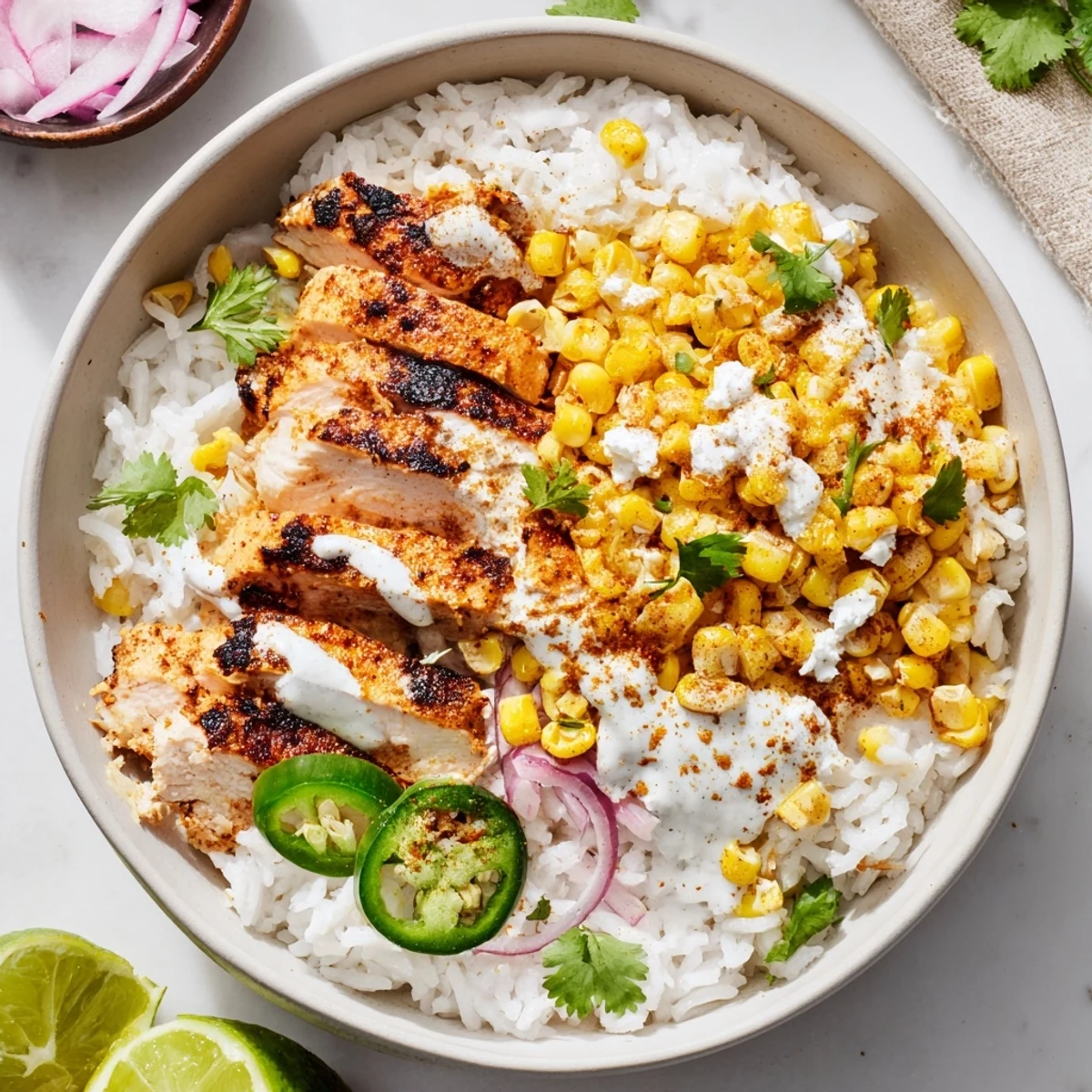Easy Street Corn Chicken Bowl topped with creamy corn, cotija cheese, and fresh cilantro