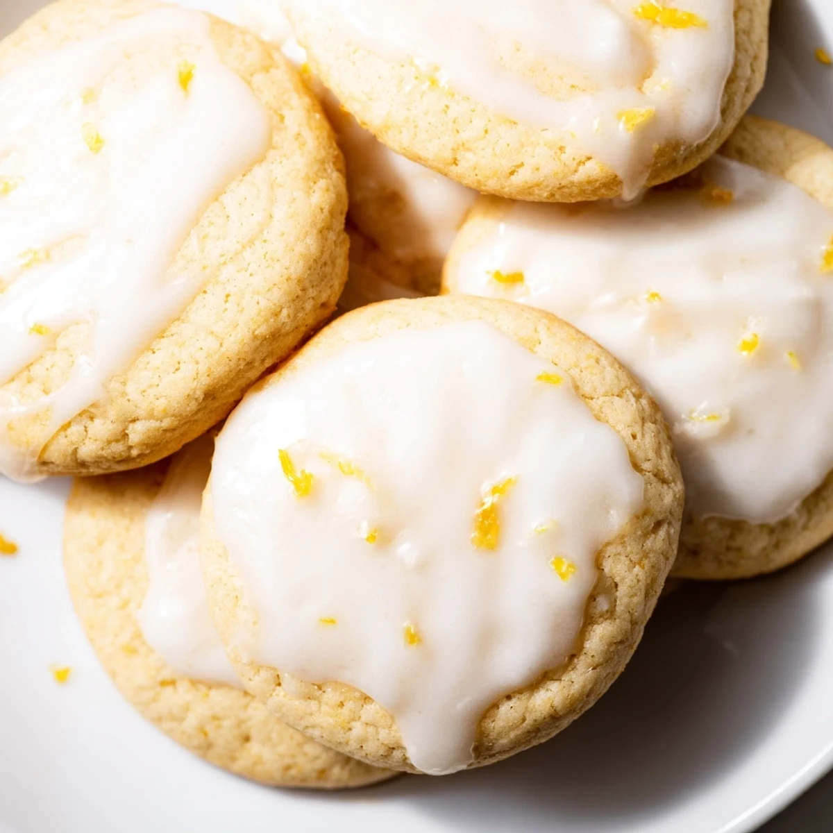 Soft buttery lemon cookies topped with creamy lemon frosting and fresh lemon zest garnish