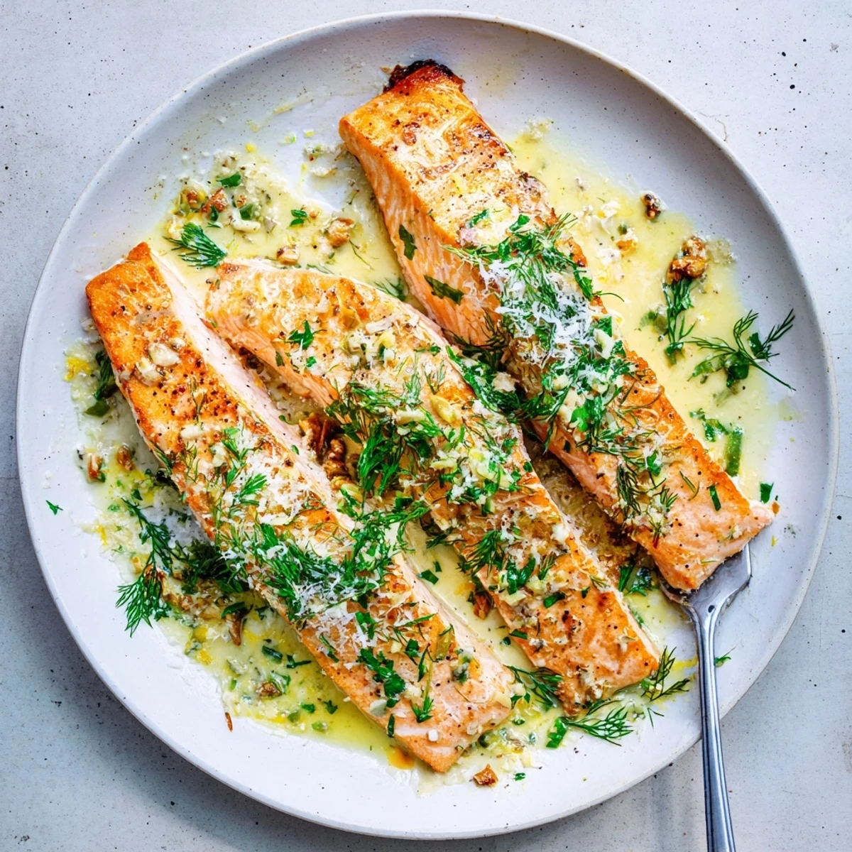 Golden pan-seared salmon fillets drizzled with rich creamy garlic butter sauce and fresh herbs