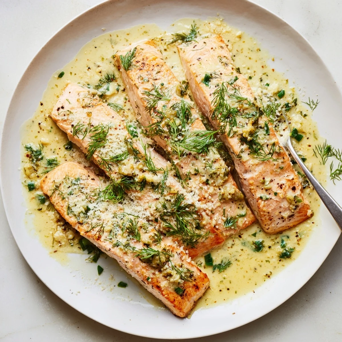 Succulent salmon pieces swimming in luxurious white wine cream sauce with parmesan and parsley garnish