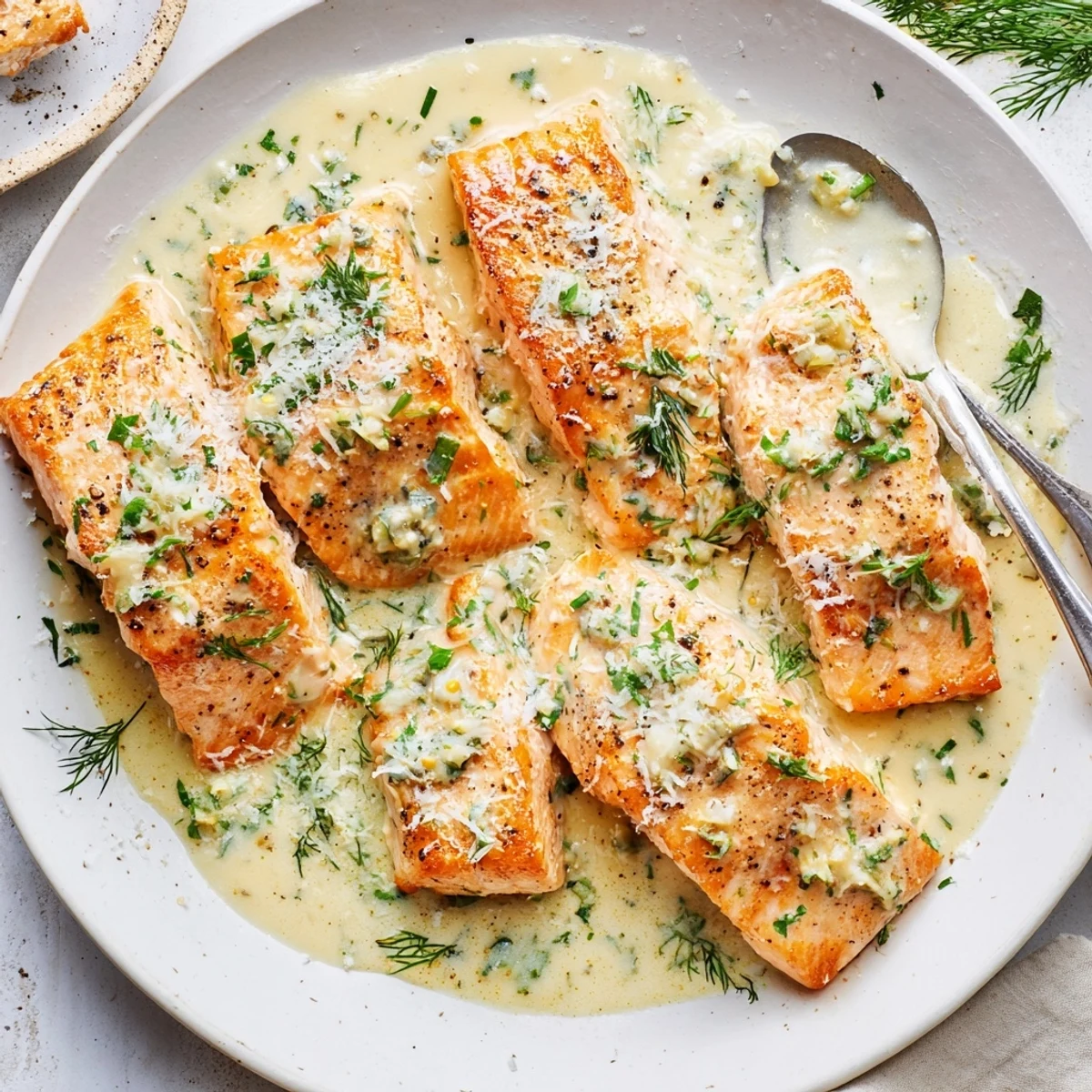 Creamy garlic butter salmon plated with herbaceous sauce spooned over tender flaky fish portions