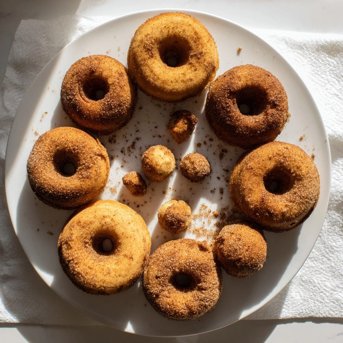 Golden pumpkin spice biscuit donuts coated in cinnamon sugar, freshly fried for fall