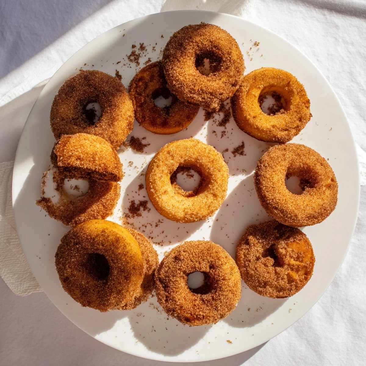 Warm pumpkin spice biscuit donuts tossed in spiced sugar, piled high on a plate