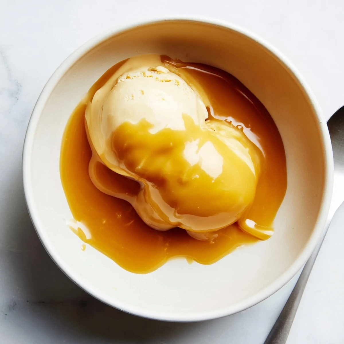 Golden amber easy caramel sauce being drizzled from a spoon over vanilla ice cream