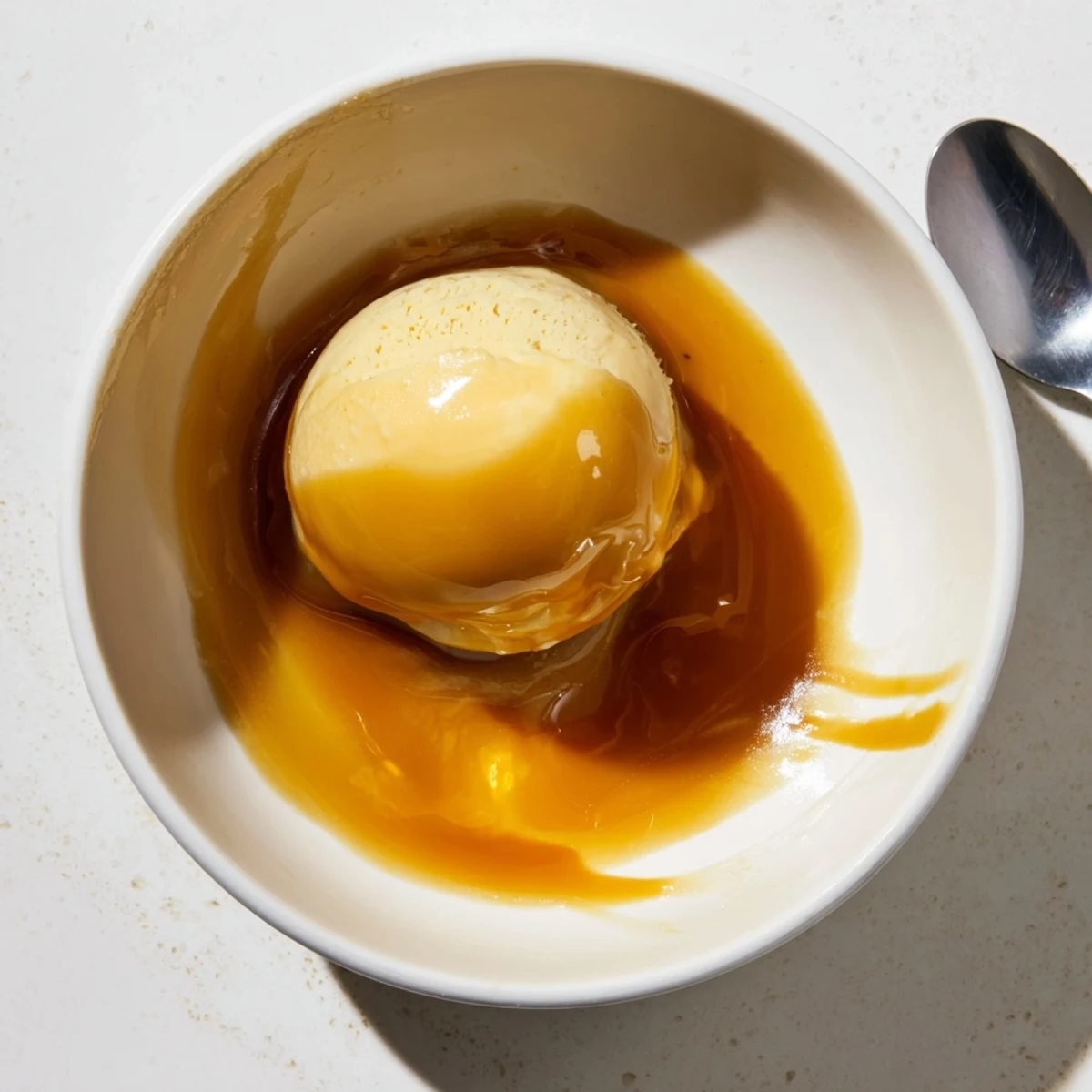 Rich homemade easy caramel sauce dripping slowly down a warm stack of vanilla pancakes