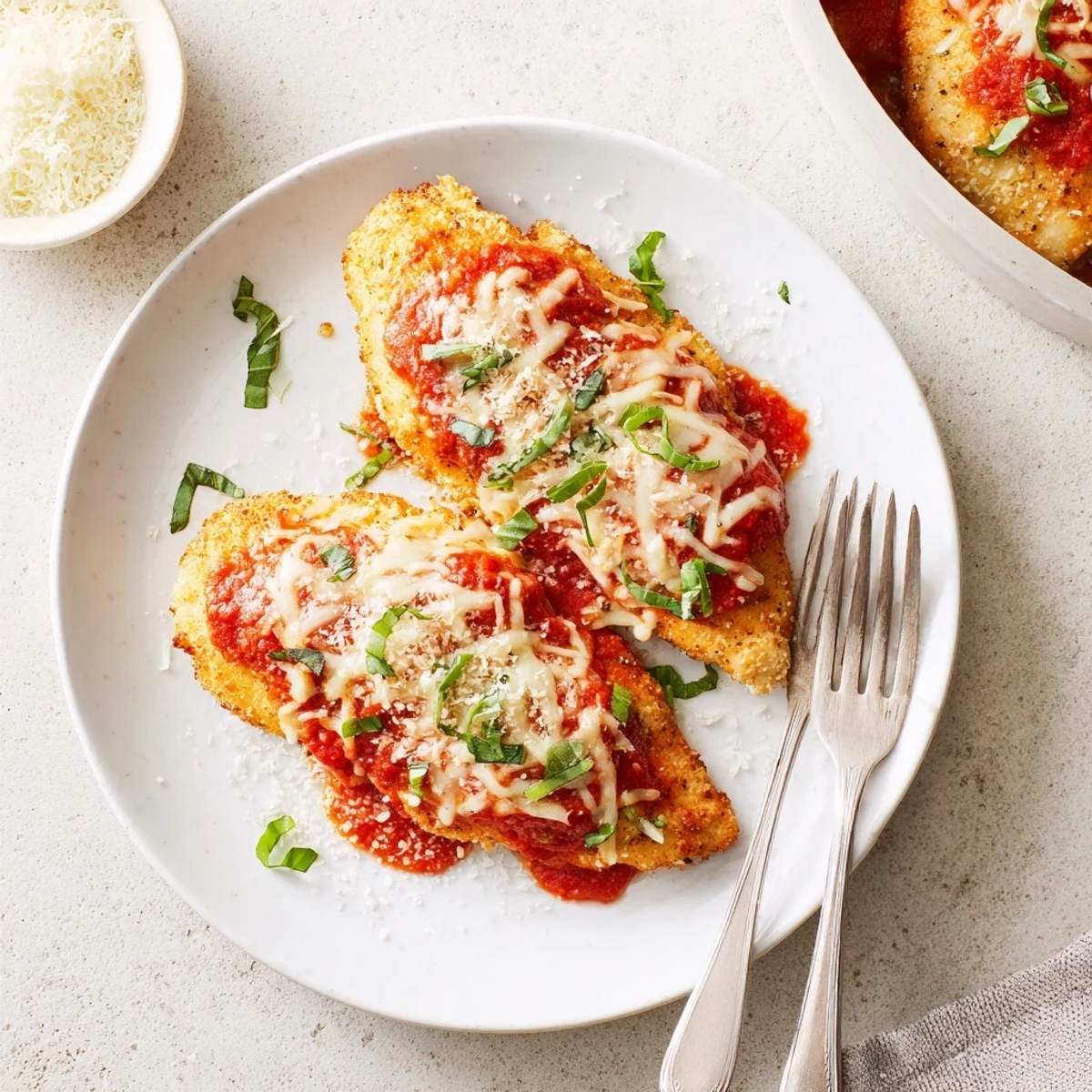 Crispy almond flour crusted low carb chicken Parmigiana baked until cheese is perfectly browned and bubbly