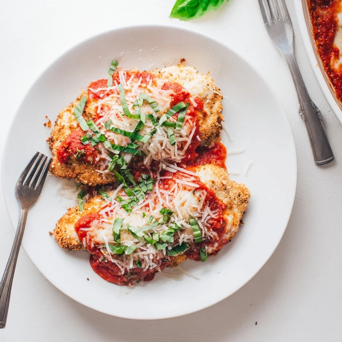 Golden low carb chicken Parmigiana with melted mozzarella and bubbling marinara sauce on a white plate