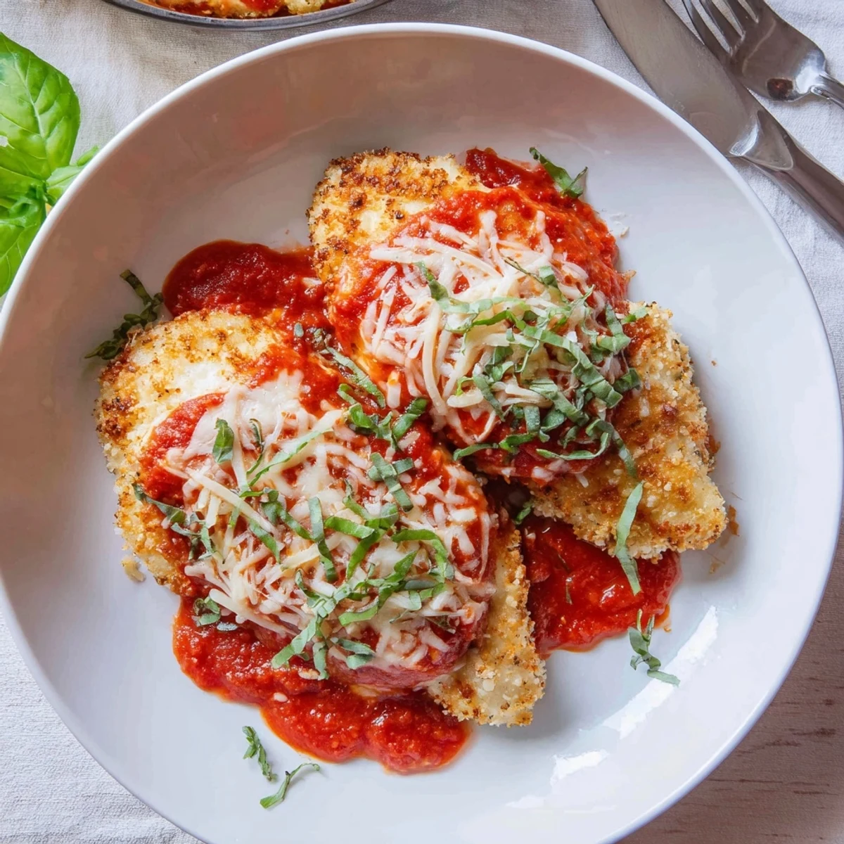 Juicy breaded low carb chicken Parmigiana topped with rich tomato sauce and fresh basil garnish