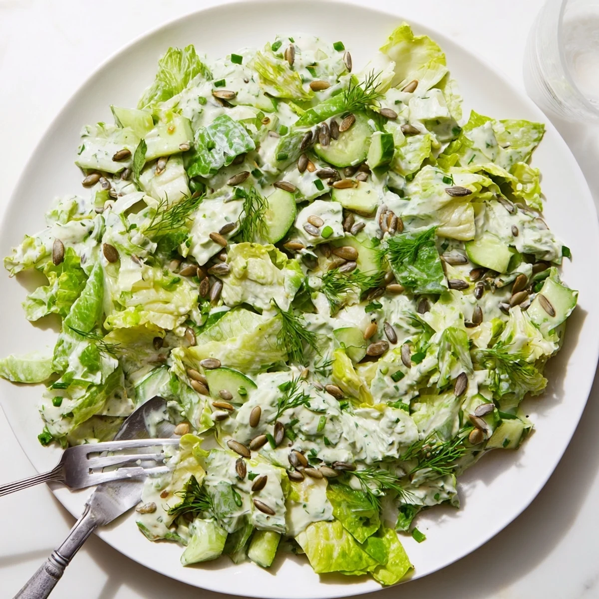 Bowl of Green Goddess Salad tossed in creamy dressing with sunflower seed garnish