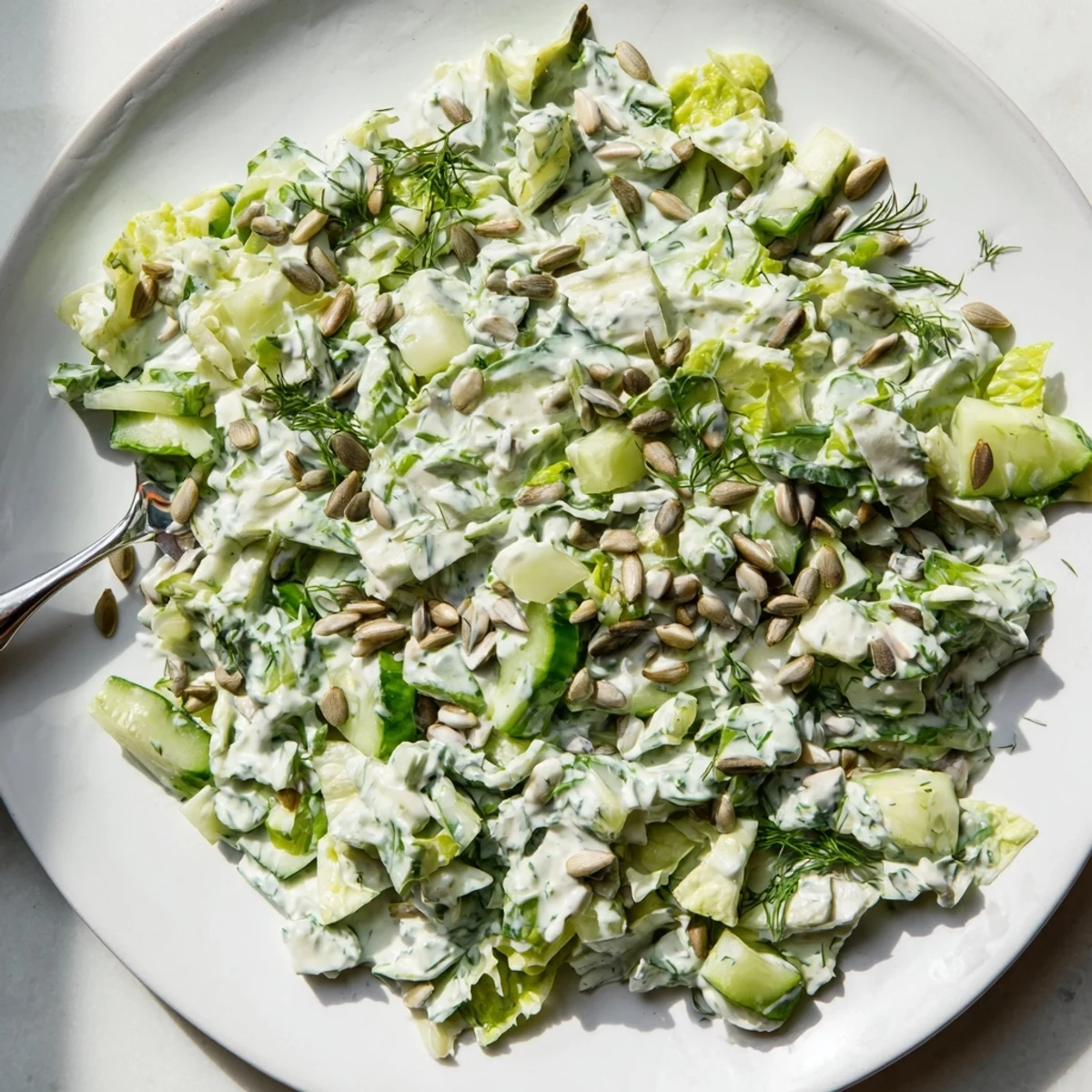 Fresh Green Goddess Salad featuring crisp romaine, cucumber, and vibrant homemade herb dressing