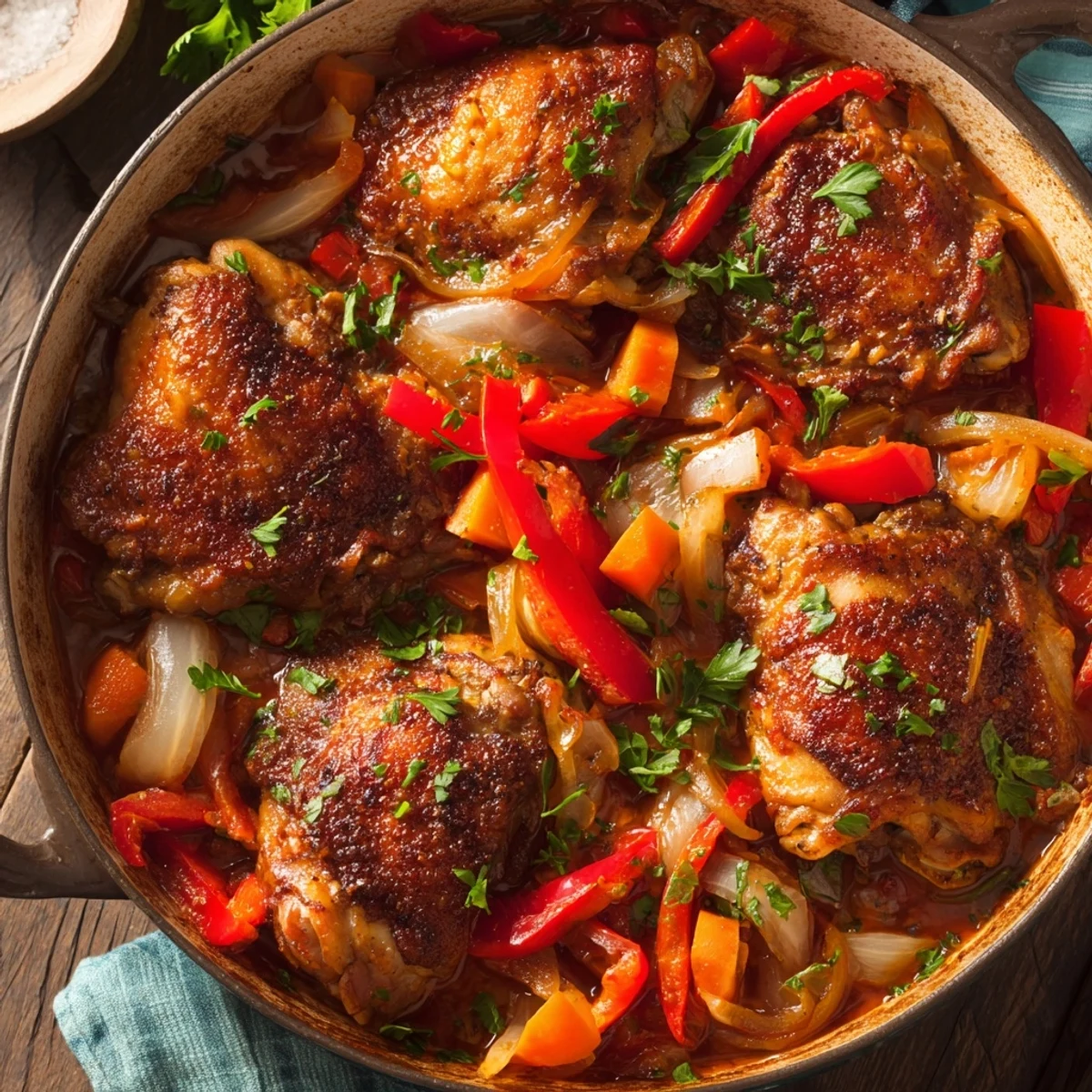 Golden brown Italian braised one pot chicken nestled in rich tomato vegetable sauce with fresh parsley garnish