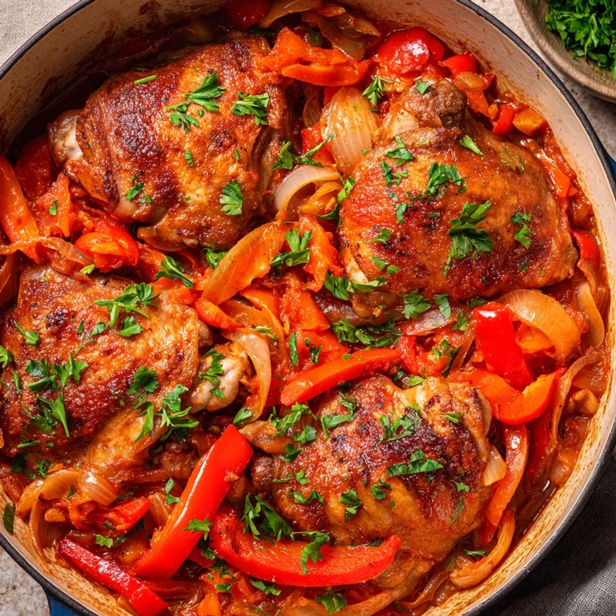 Tender chicken thighs braised slowly with carrots celery peppers and herbs in a rustic Dutch oven