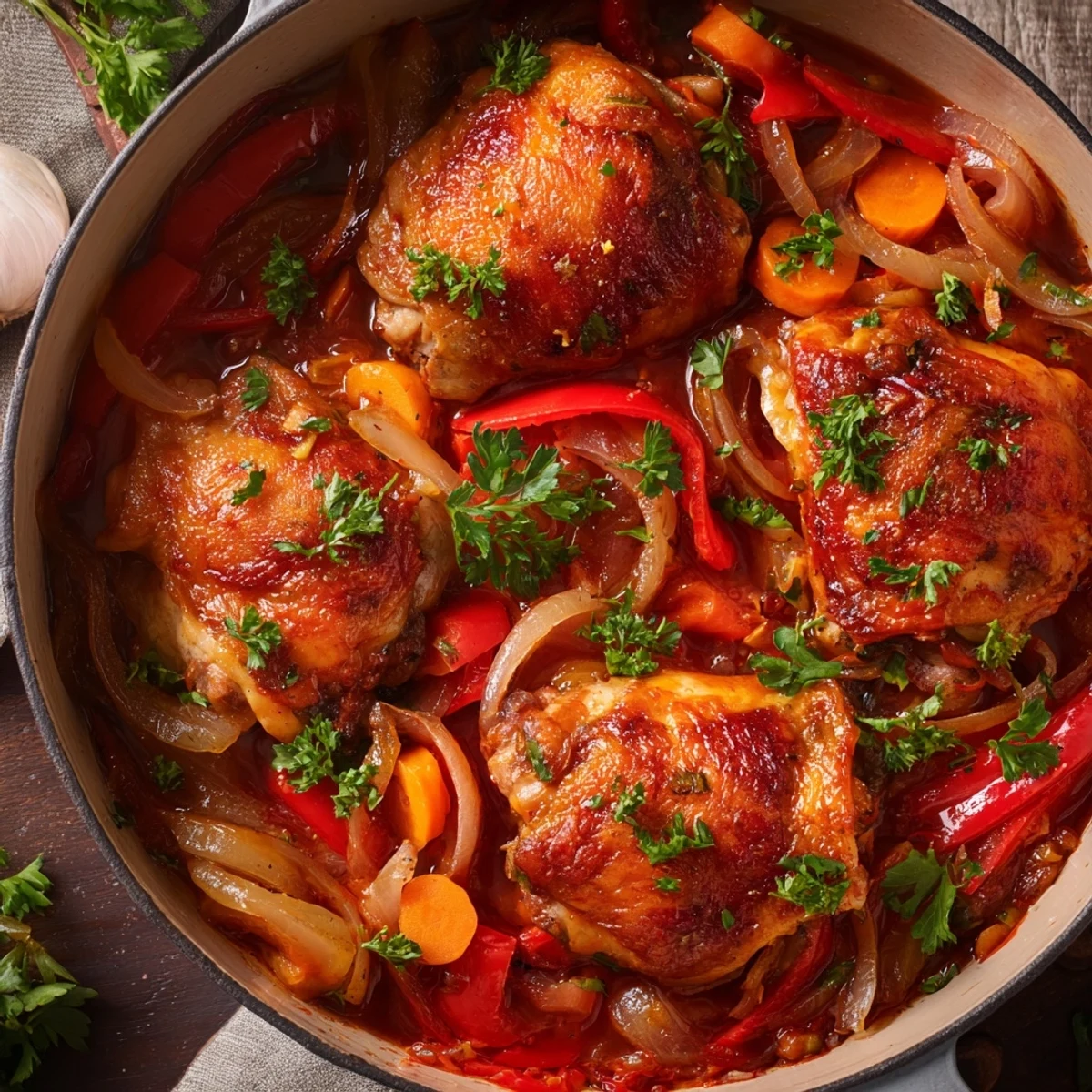 Savory Italian braised one pot chicken served with crusty bread showcasing tender meat and thickened tomato broth